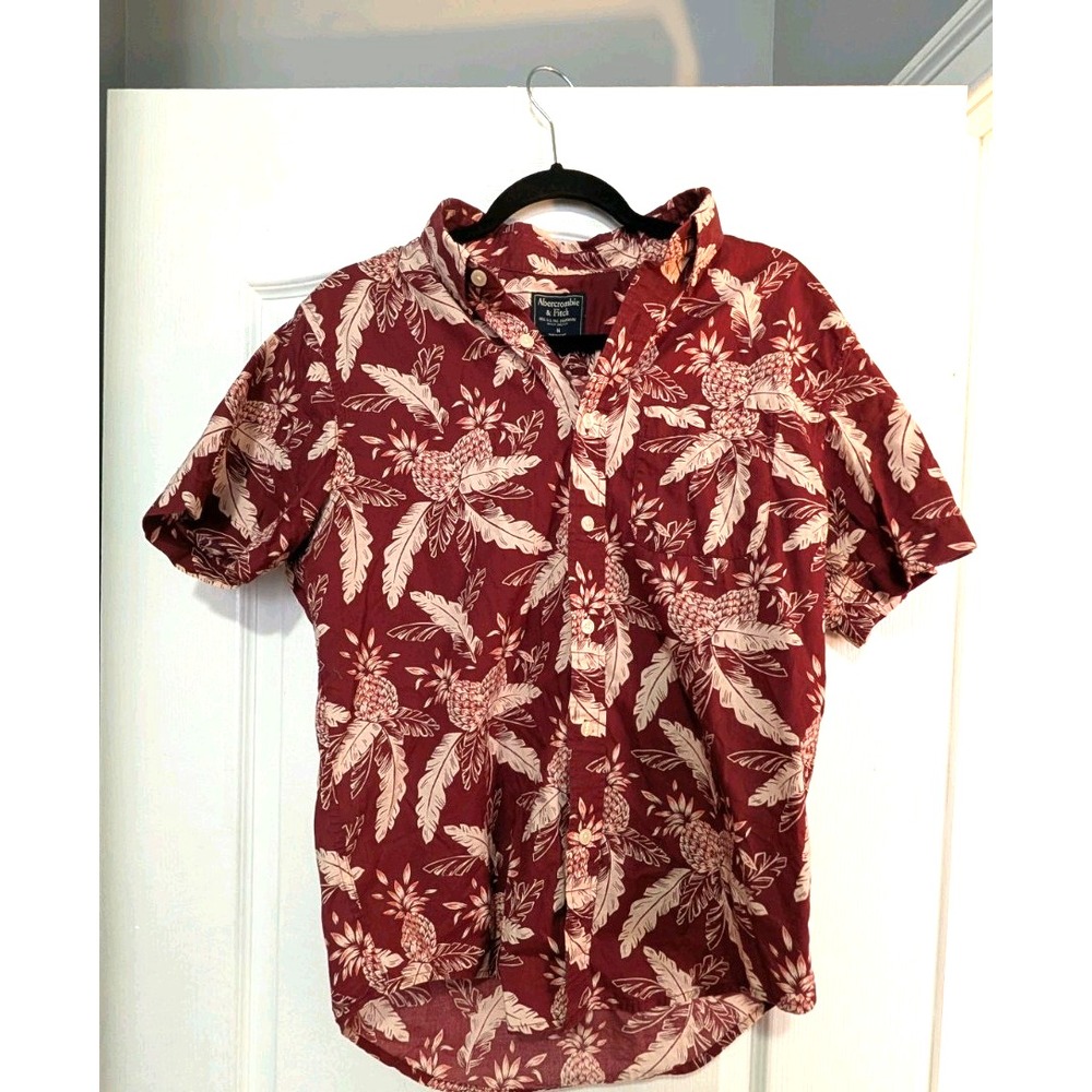 Abercrombie & Fitch Mens Medium Red Pineapple Tropical Palm Button Up Shirt - Picture 1 of 7